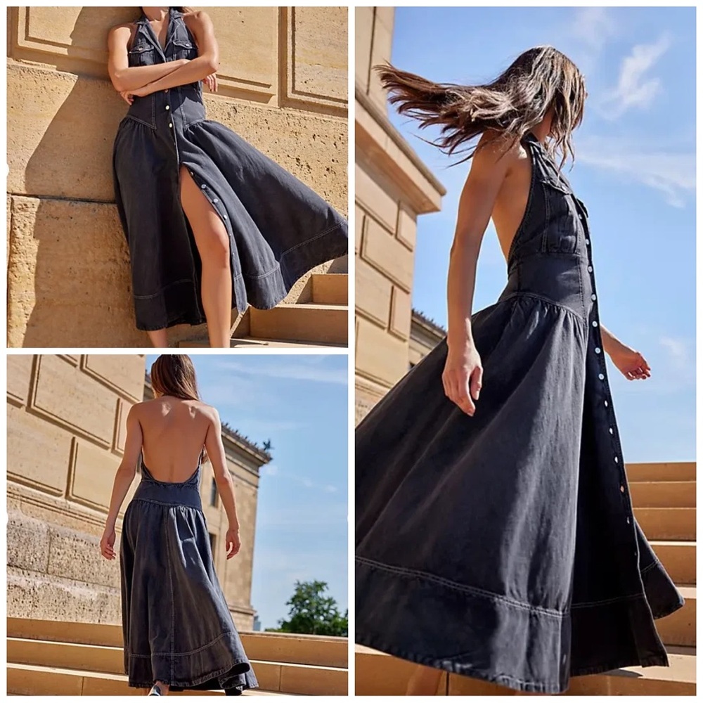 Free People Black Backless Button-Front Denim Maxi Dress